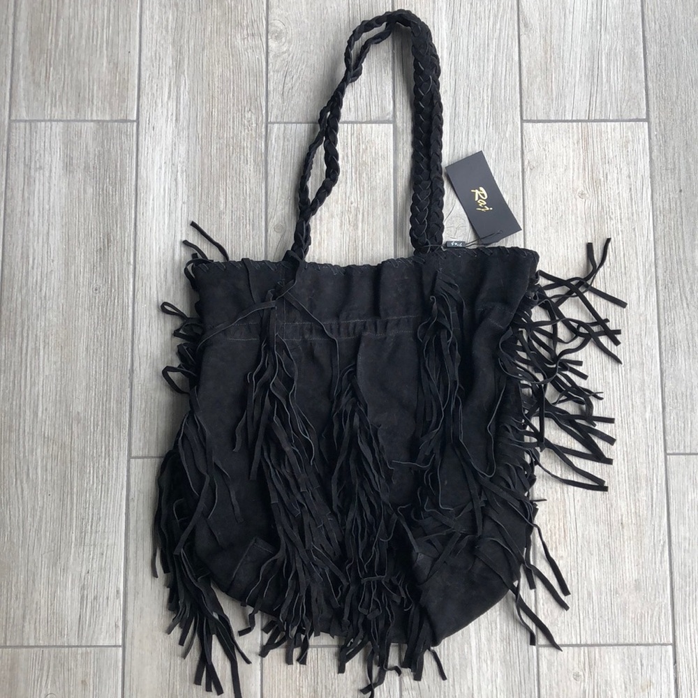 Black genuine leather fringe bag